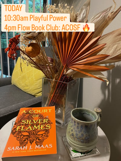 Flow Yoga Cedar Park Playful Power class and ACOTAR book club event announcement Austin Texas