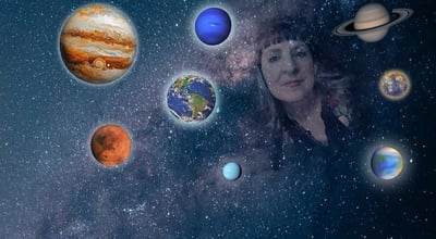 Flow Yoga Georgetown Music of the Spheres cosmic sound bath with planets and a woman in a starry space scene Austin Texas