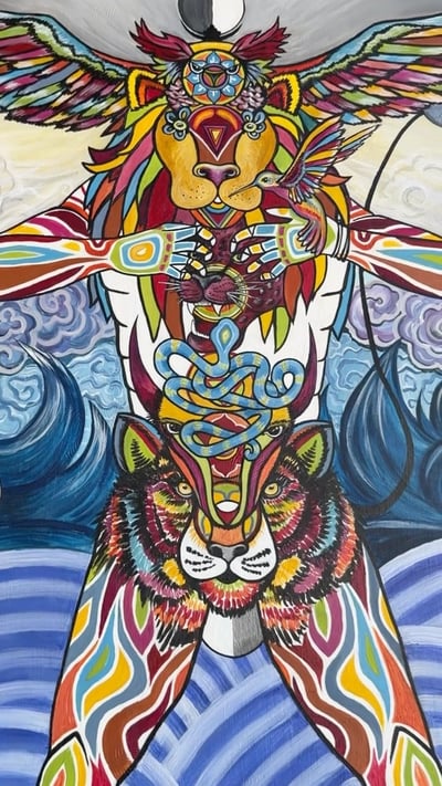 Flow Yoga Cedar Park student artwork featuring colorful spiritual lion illustration Austin Texas