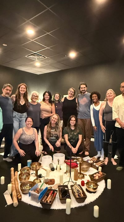 Flow Yoga Georgetown sound healing training group with Tibetan bowls Austin Texas