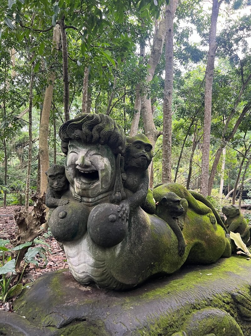 Bali Yoga Retreat Moss Covered Stone Statue Monkey Forest